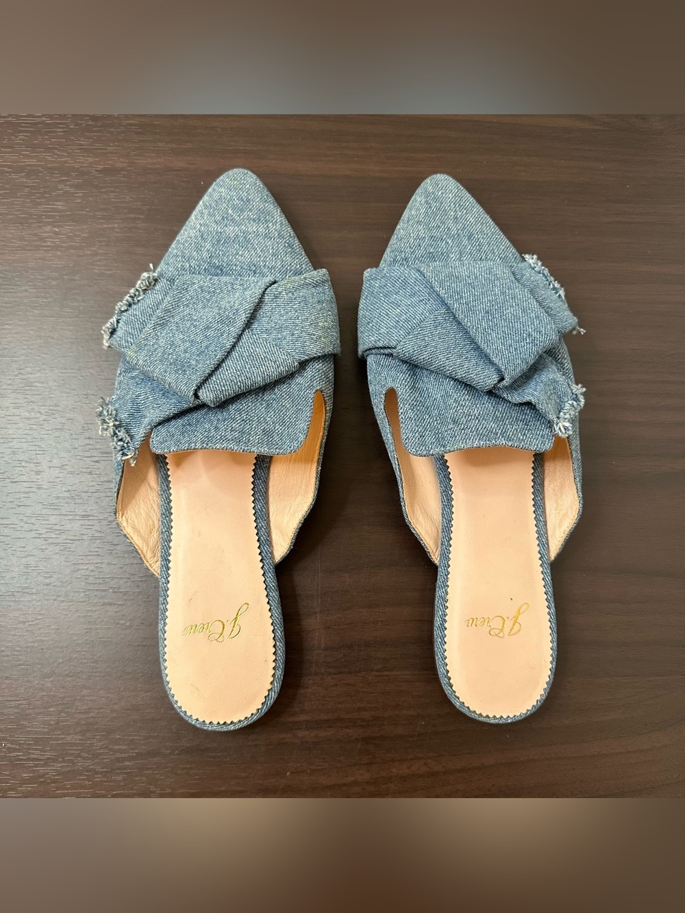 J.Crew Blue Denim Pointed Toe Slip-On Mule Flats w/ Bow Fringe, Women's 8.5 Chic